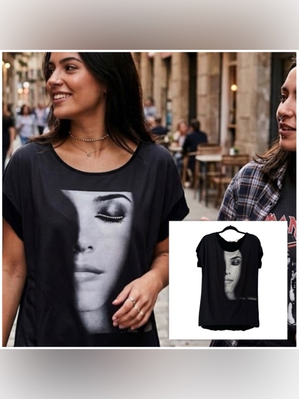 5/$20!! VENUS Black Graphic Face Print Short Sleeve Tee - Picture 2 of 8